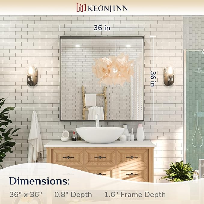 Keonjinn 36 x 36 Inch Black Bathroom Mirror for Over Sink, Matte Black Square Metal Framed Wall Mirror, Modern Farmhouse Rectangle Mirrors with Aluminum Alloy Frame(Horizontal/Vertical)