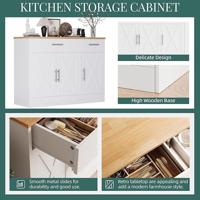 Shintenchi Modern Farmhouse Sideboard Buffet Cabinet with Storage with 3 Doors,42" Barn Doors Buffet Cabinet with Storage, Wood Coffee Bar Cabinet with Adjustable Shelf for Kitchen Living Room,White