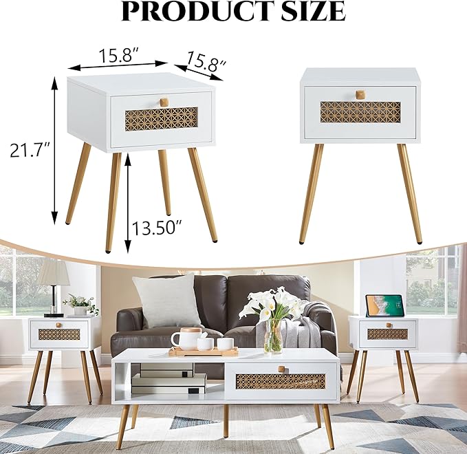 Modern Style Side Table, End Table with Drawer for Living Room, Square Wooden Small Nightstand, White