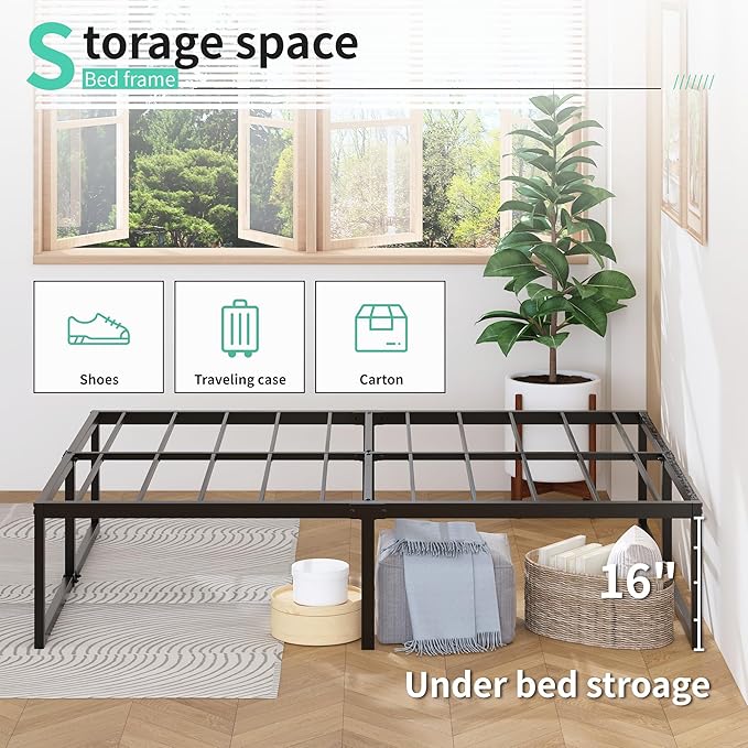 18 Inch Full Size Bed Frame with Storage Bed Cover Skirt, Heavy Duty Metal Full Platform Bed Frame No Box Spring Needed, Easy Assembly, Noise Free, Black and Blue
