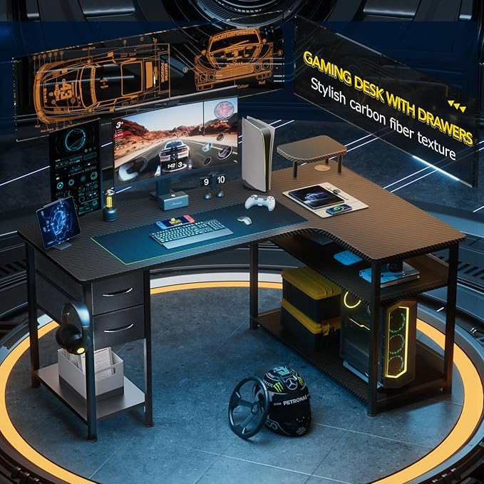 GTRACING Gaming Desk with Drawers, Carbon Fiber Style L Shaped Computer Desk Compatible with Monitor Arm Corner Desk Gaming Table for Home Office Desks, Easy to Assemble Adjustable Shelf Height