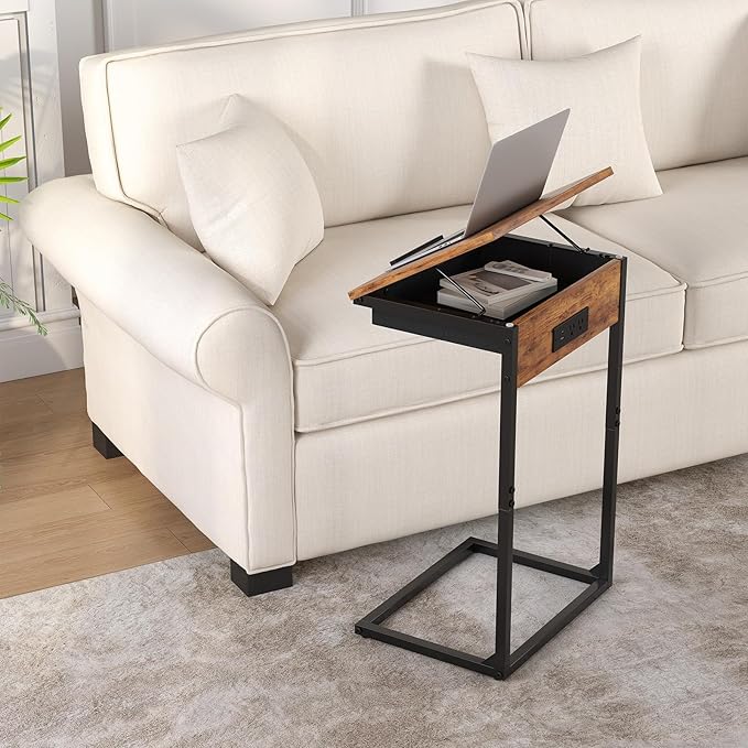 C Shaped End Table with Charging Station,45° Tiltable Adjustable Flip Top Side Table Set of 2,Small C Table Set 2 for Small Spaces,Slide Under Couch Sofa Bedside Table Living Room,Rustic Brown