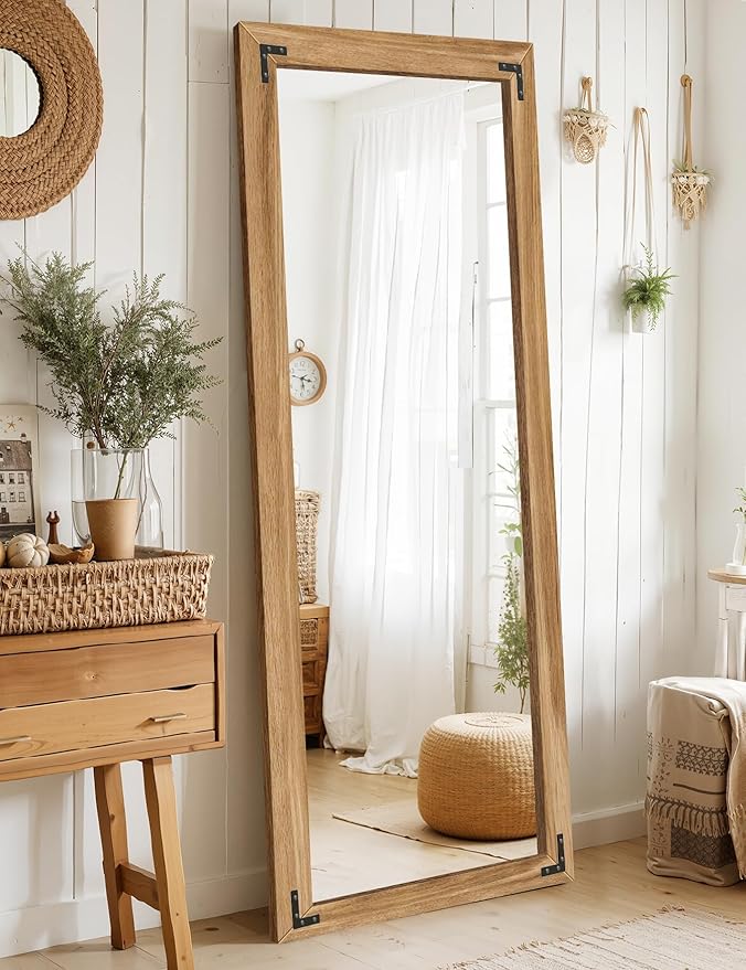 Full Length Mirror with Wooden Frame, 65"X24" Solid Wood Standing Floor Mirror for Farmhouse, Bathroom, Bedroom, Hanging or Leaning Wall-Mounted