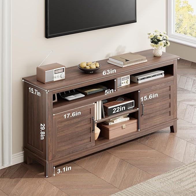 GarveeHome TV Stand for 63 in, Entertainment Center with Adjustable Shelves, Farmhouse TV Stand with Cabinet Doors,for Living Room, Bedroom (Brown, 63)