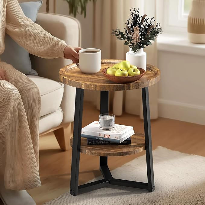 PPAMAPIC Round End Table, 2 Tier Side Table with Storage Shelf, Nightstand Accent Table for Living Room Bedroom Small Space, Black Metal Frame, 19.7" D x 23.6" H, Rustic Brown