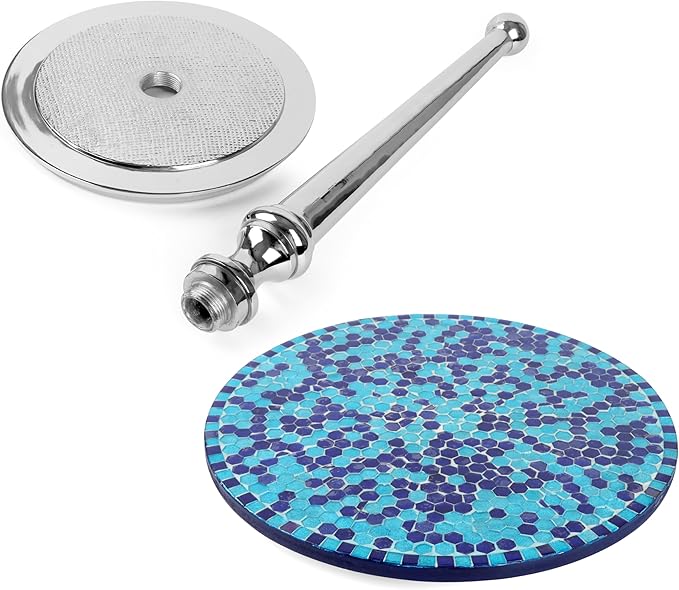 CLEENTABLE Mosaic Round End Table for Living Room & Bedroom - Artistic Coffee Side Table with Polished Aluminum Legs, Enamel-Coated Top, Lightweight Design, Easy Assembly (Blue Silver)