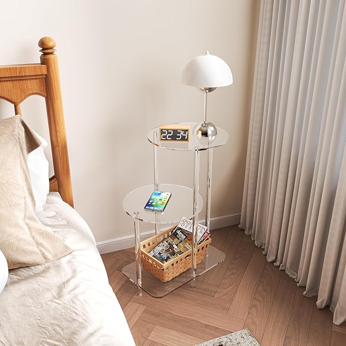 Eglaf Acrylic Round Side Table - 3 Tiers Step End Table - Clear Nightstand Small Bedside Table Accent Entryway Table, for Living Room, Bedroom, Hallway, 16.7'' L x 11.8'' W x 23.5'' H