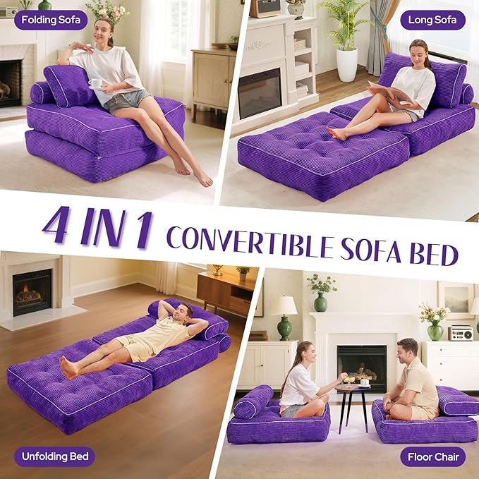 HABUTWAY Folding Sofa Bed, Convertible Sleeper Chair Bed w/Dual-Pillow & Handle, Foldable Floor Sofa Lounge w/Back Support for Living Room, Bedroom, Apartment, Office, Purple