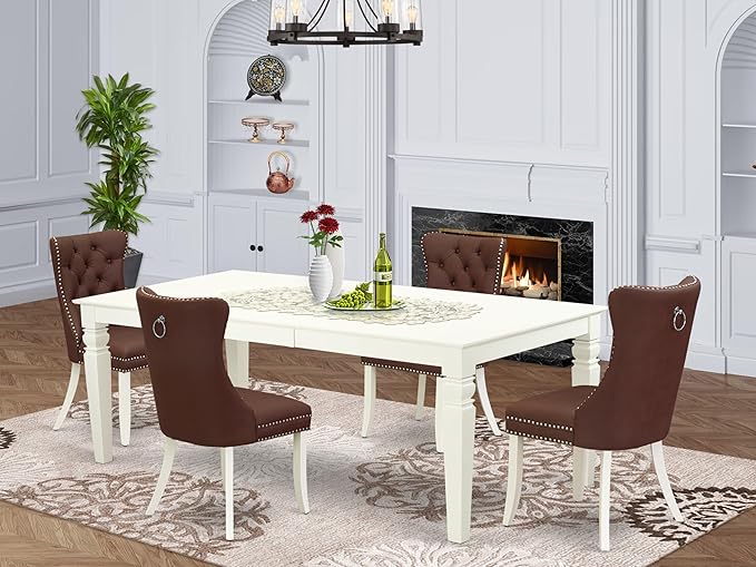 East West Furniture LGDA5-LWH-26 5 Piece Dining Room Set Consists of a Rectangle Kitchen Table with Butterfly Leaf and 4 Polyester Fabric Upholstered Parson Chairs, 42x84 Inch, linen white