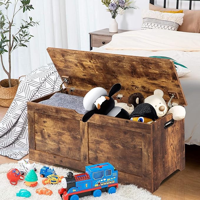 39.4" Storage Chest, Wooden Storage Bench, Lift Top Toy Chest with 2 Safety Hinges, Large Toy Box, Entryway Bench for Living Room, Bedroom, Rustic Brown