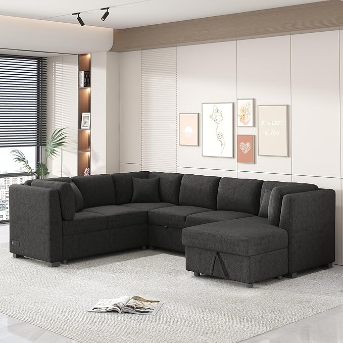 Ball & Cast 108.6" Sleeper Sectional Pull Out Sofa with 2 USB Ports,Two Power Sockets,Versatile U-Shape Couch w/ 3 Back Pillows and Storage Chaise,for Living Room,Office,Apartment,Black