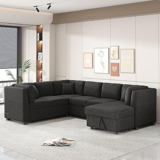 Ball & Cast 108.6" Sleeper Sectional Pull Out Sofa with 2 USB Ports,Two Power Sockets,Versatile U-Shape Couch w/ 3 Back Pillows and Storage Chaise,for Living Room,Office,Apartment,Black