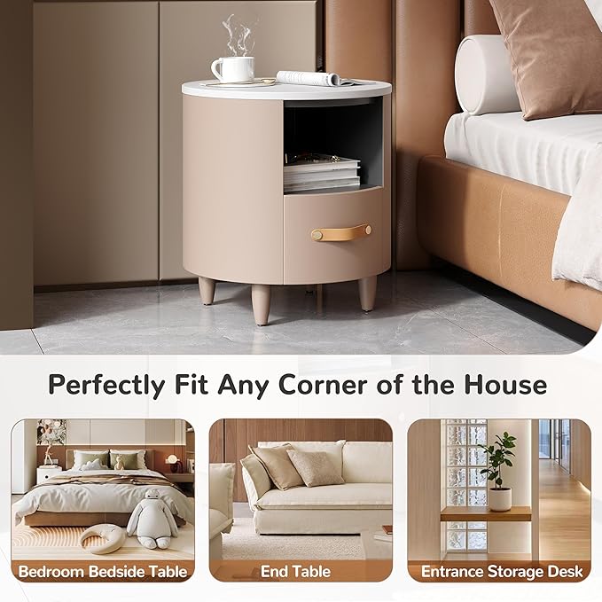 Merax Round Nightstand with Storage Drawer, MDF Contemporary Modern Bedside Table with Open Storage Shelf, Curved Design Sofa End Table for Bedroom & Living Room, Easy Assembly, Khaki