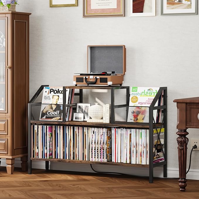 Homeiju Record Player Stand Holds up to 500 Albums,Turntable Stand with Vinyl Record Player Storage Cabinet,Large Record Player Table Vinyl Album Storage（Patent Pending）