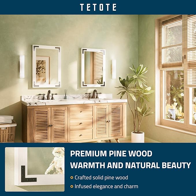 TETOTE 18 x 26 White Wood Mirror for Bathroom Wall/Bedroom/Living Room/Entryway Farmhouse Rustic Wall Mirror Waterproof (Horizontal/Vertical Mounted)