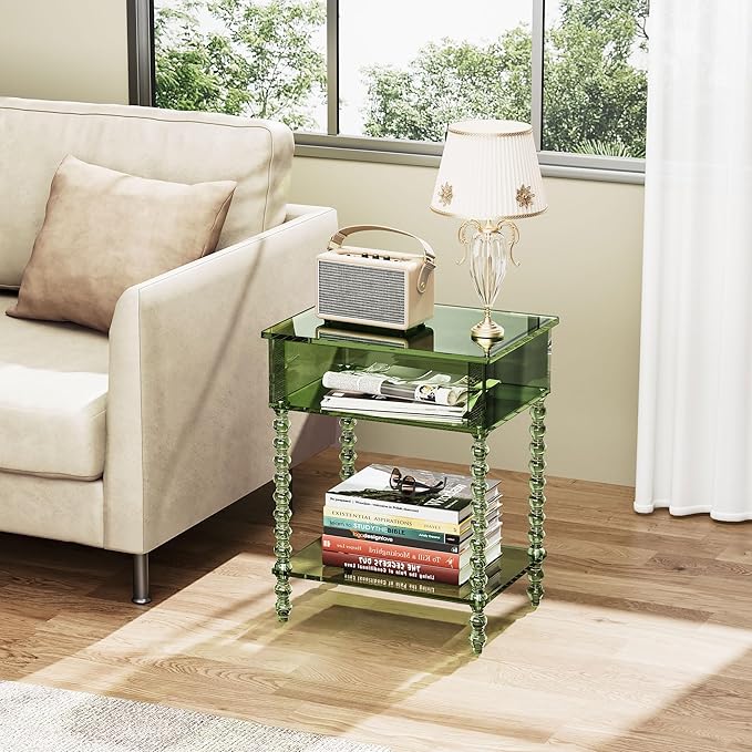 Acrylic Side Table, Clear 3-Tier End Table with Storage, Nightstand for Living Room, Bedroom, Office (Green, 11.8 ×15.7 × 19.7)
