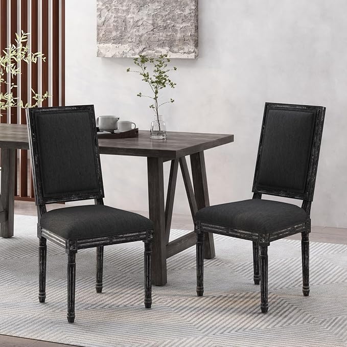 Merax Upholstered Solid Wood Dining Chairs Set of 2, French Country Style Accent Side Seating Furniture for Kitchen, Living Room, Cushioned Back, Black
