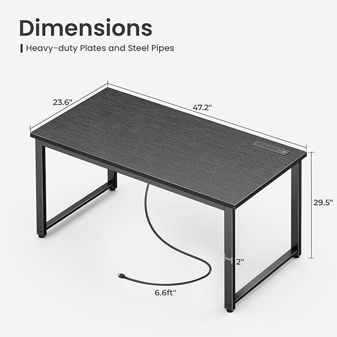 Huuger 48 x 24 inch Desk with Power Outlets & USB-C, Deeper & Thicker Desktop, Robust Metal Tubes, Computer Desk, Heavy Duty Office Desk, Work Gaming Desk for Home Office, Black