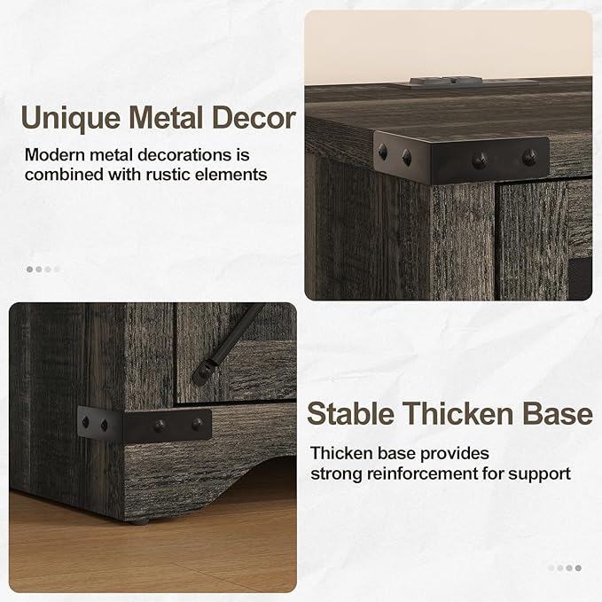Farmhouse End Table with Charging Station, 26.4" Tall Rustic Nightstand with Drawer and X Barn Door, Country Bedside Sofa Side Table for Living Room, Dark Brown
