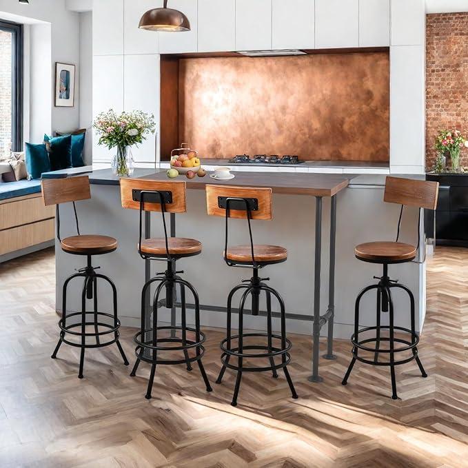 LOKKHAN Industrial Bar Stool-26-32 Inch Adjustable Swivel Round Wood Metal Kitchen Stool Rustic Farmhouse Counter Height Extra Tall Bar Height Stool-Arc-Shaped Backrest,Welded,Set of 2