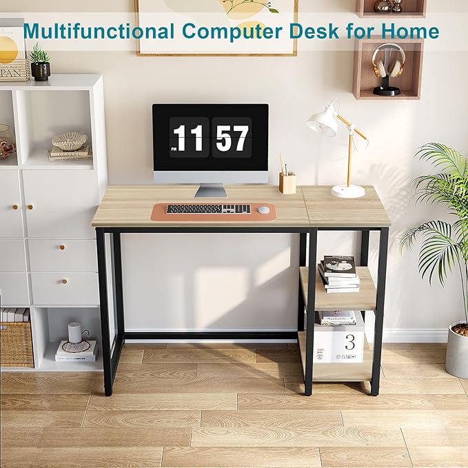 SINPAID Computer Desk 47 inches with 2-Tier Shelves Sturdy Home Office Desks with Large Storage Space Modern Gaming Desk Study Writing Laptop Table, Oak