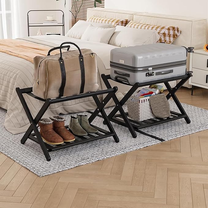2 Pack Fully Assembled Black Bamboo Luggage Racks with Shoe Shelf, 5 Straps Folding Suitcase Stand, Heavy Duty Luggage Holders for Guest Room, Bedroom, Hotel