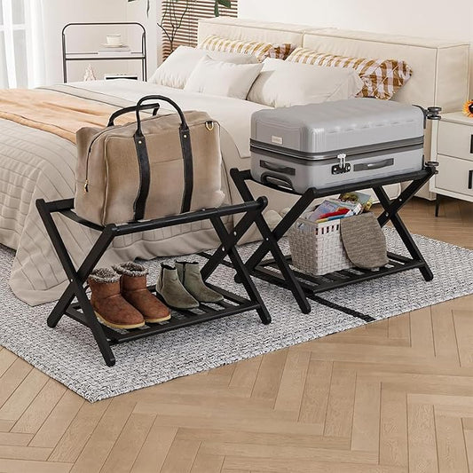2 Pack Fully Assembled Black Bamboo Luggage Racks with Shoe Shelf, 5 Straps Folding Suitcase Stand, Heavy Duty Luggage Holders for Guest Room, Bedroom, Hotel