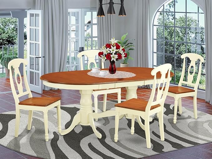 East West Furniture PLKE5-WHI-W 5 Piece Dining Table Set for 4 Includes an Oval Kitchen Table with Butterfly Leaf and 4 Kitchen Dining Chairs, 42x78 Inch, Buttermilk & Cherry