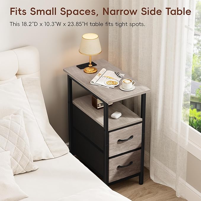Vagusicc Nightstand with Charging Station and LED Lights, Narrow Side Table, LED Night Stand with 2 Fabric Drawers, Bedside Table with USB Ports and Outlets, Tall Nightstand for Bedroom, Rustic Grey