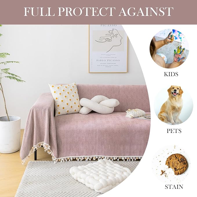 HANDONTIME Solid Boho Sofa Cover for 3 Cushion Couch - Pink-Purple Chenille Throw With Tassels for Dogs, 91" X 150" - Mauve