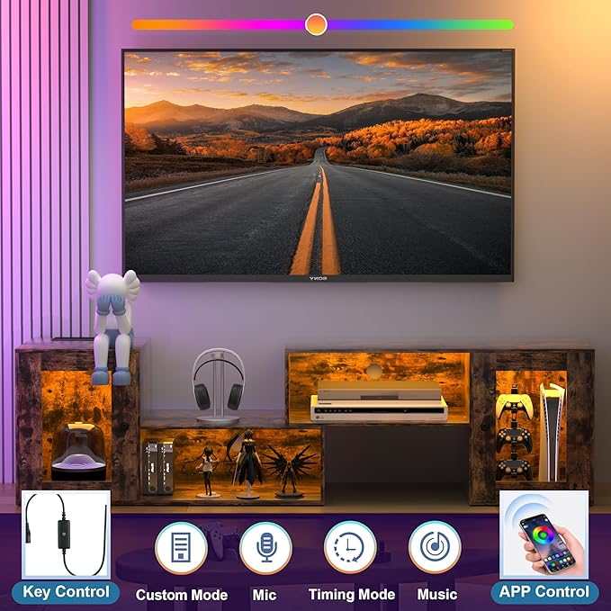 VECELO LED TV Stand for Televisions up to 70 Inchs Modern Entertainment Center with Storage, Media Console with 23 Flashing Options and 4 Customizable Modes for Living Room, Bedroom, Brown