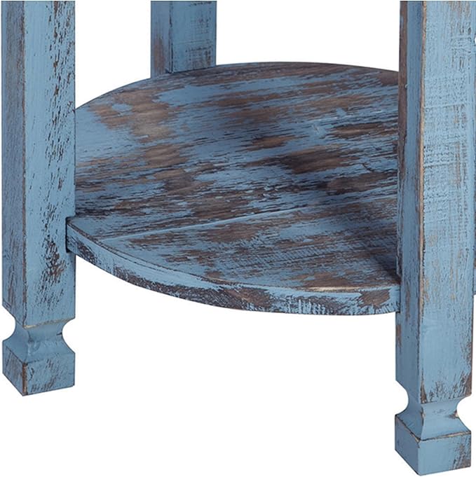Rustic Cottage Round End Table w/ 1 Shelf - 25 in. W x 20 in. D x 24 in. H - Distressed Blue - Assembly Required - Select Hardwoods with Wood - Living Room Furniture - Solid Wood