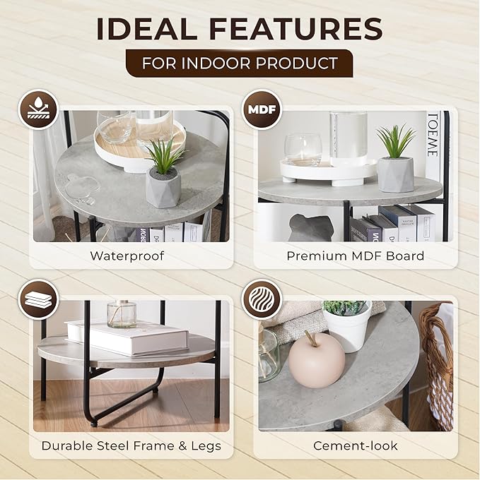 Mijas 2-Tier Side Table, Round End Table, A Stylish and Functional Addition for Home & Office, Perfect for Decor, Storage Solutions, and Enhancing Any Living Space (Cement)