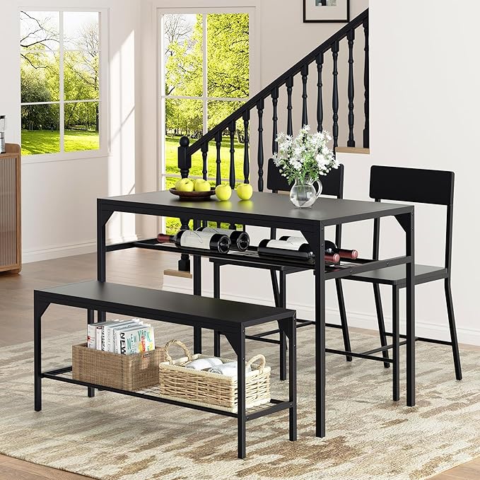 Shintenchi Kitchen Table Chairs Set of 4, Dining Table Set for 4 with Bench and Chairs, 4 Pieces Kitchen Table Set with Storage Rack & Metal Frame for Small Space, Black