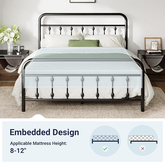 Allewie 14 Inches Full Size Metal Platform Bed Frame with Victorian Style Iron-Art Headboard/Footboard, Mattress Foundation, Easy Assembly, Under Bed Storage, No Box Spring Required, Black