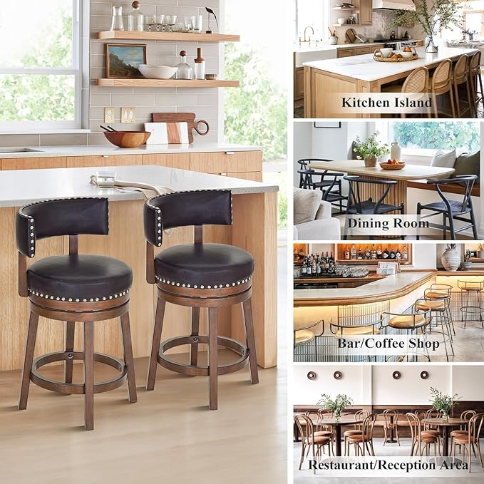 COLAMY Swivel Bar Stools Set of 4, 25 Inch Wood Swivel Barstools with Back, Counter Height Bar Stools, Modern Upholstered Barstools for Kitchen Island Dining Room Bar, Dark Brown