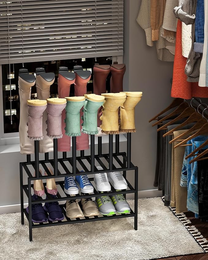 Black Boot Rack, Boot Rack Organizer Tall Boots with Shoe Rack for Closet, Bamboo Wood Shoe Shelf Storage Organizer for Entryway Small Space