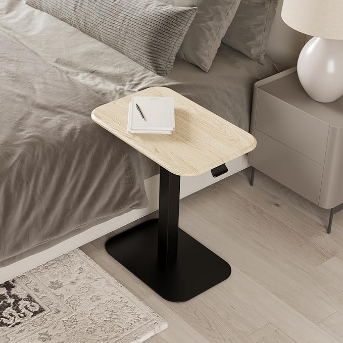 Ergohome™ ELEVANCE Table™ Effortless Height Adjustable Side Table for Couch Bed, Laptop Table - Small End Table Office Coffee Table - Superior Stability Sofa Side Table (Black Base & Washed Oak Top)