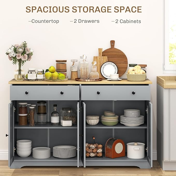 HOMCOM Sideboard Buffet Cabinet with Storage, 55" Modern Kitchen Cabinet with 4 Doors, 2 Drawers and 2 Adjustable Shelves, Coffee Bar, Gray