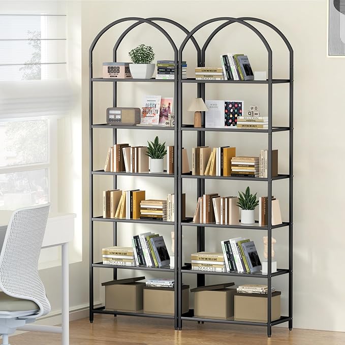 Homhedy Bookshelf Arched Display Racks,Metal Bookcase,Tempered Glass Shelves,Storage Rack Shelf for Home Office,Living Room,Bedroom, Bathroom,Modern Style (Black, 11.8" D x 23.6" W x 73.6" H)