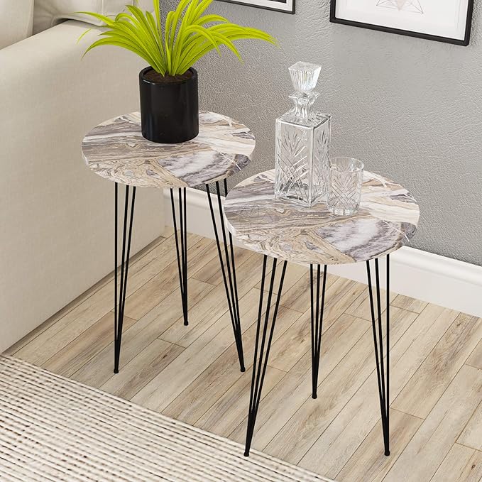 PAK HOME Set of 2 End Tables Round Wood Sofa Side Coffee Tables for Small Spaces, Nightstand Bedside Table with Metal Legs for Bedroom, Living Room, Office, Balcony (Grey Marble)