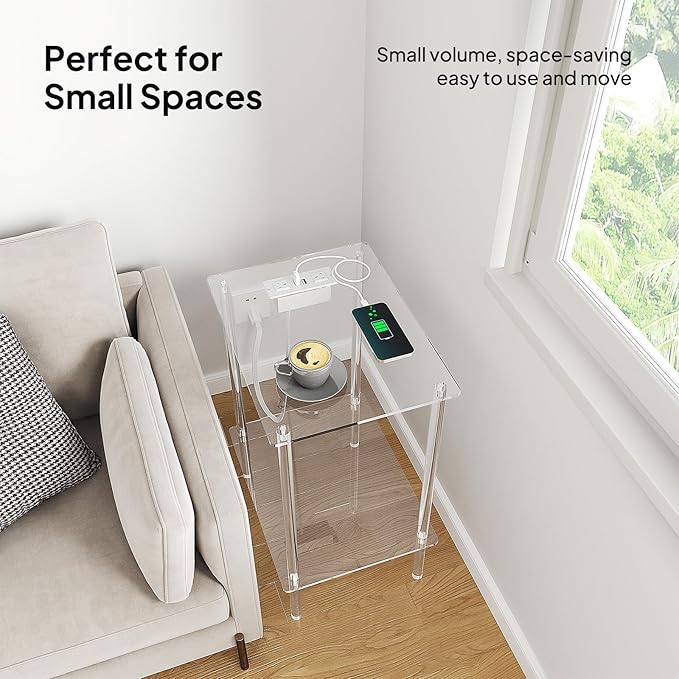 Eglaf Acrylic Side Table Set of 2 with Charging Station & USB Ports - Small End Table - Nightstand Bedside Table for Living Room, Bedroom - 15.7'' L x 11.8'' W x 21.7'' H, 2 Tier