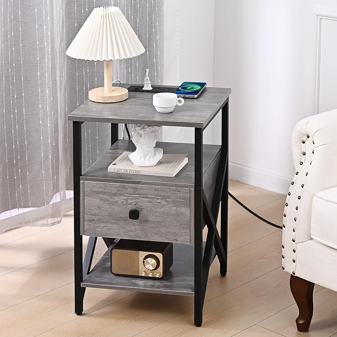 Side Tables with Wireless Charging Station, Grey End Tables Living Room with Charging, Side Tables with Wood Drawer, Night Stands with Storage for Bedroom, Bedside Tables, Living Room