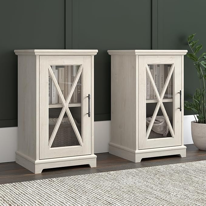 Bush Furniture Lennox Small Farmhouse End Table with Storage in Linen White Oak | Living Room Organization