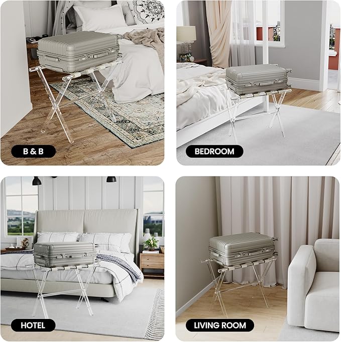Sumerflos Acrylic Luggage Rack for Guest Room - Foldable Suitcase Stand with Leather Straps for Bedroom Living Room Hotel Heavy-Duty, Holds up to 50-100 lb lightweight Space Saving (Beige & Handle - 2 Pcs)