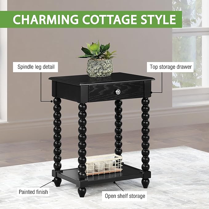 OSP Home Furnishings Elise Cottage Style Table with Spindle Legs, Open Storage Shelf, Side Table, Black Finish