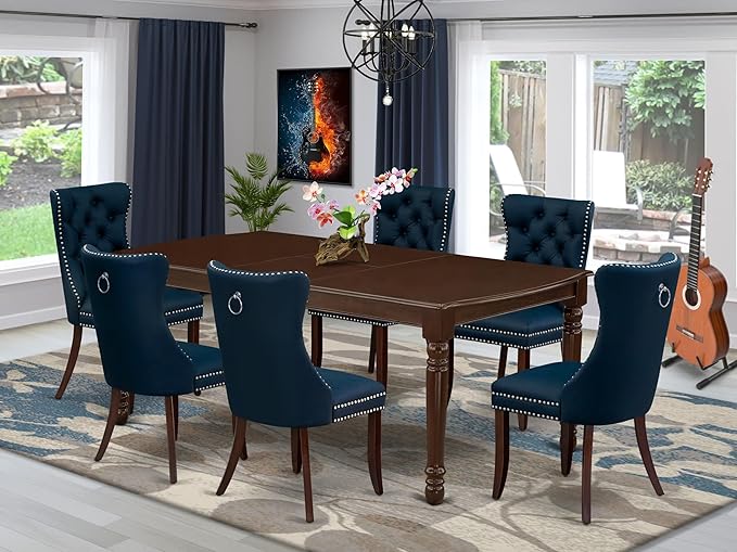 East West Furniture DODA7-MAH-29 7 Piece Dining Table Set Includes a Rectangle Kitchen Table with Butterfly Leaf and 6 Polyester Fabric Padded Chairs, 42x78 Inch, Mahogany