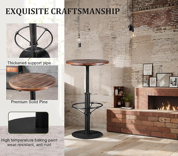 LOKKHAN 42" Tall Rustic Industrial Bar Table-19.68" Dia Round Wooden Top Metal Bar Height Adjustable Standing Pub Table-Dining Room Bistro Table-Cocktail Table