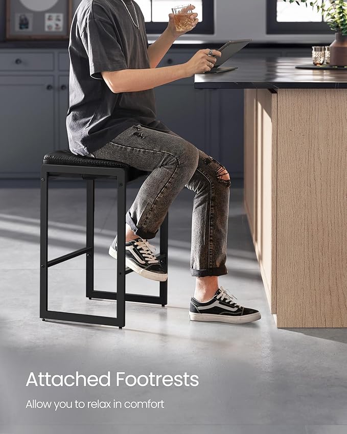 VASAGLE EKHO Collection - Bar Stools Set of 2, Counter Height Bar Stools, Synthetic Leather with Stitching, Mid-Century Modern Counter Stools, 26-Inch Tall, Kichen Home Bar Dining Room, Ink Black