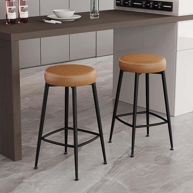 Counter Height Bar Stools, 26" H Backless Bar Stools Set of 8, Upholstered Faux Leather Kitchen Counter Stools, Mid Century Modern, Kitchen Island Home Bar, Pub, Caramel Brown
